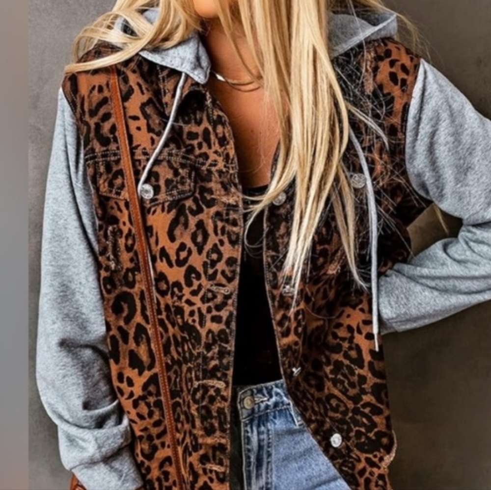 ODDI Leopard Denim Jacket Small Hoodie Distressed